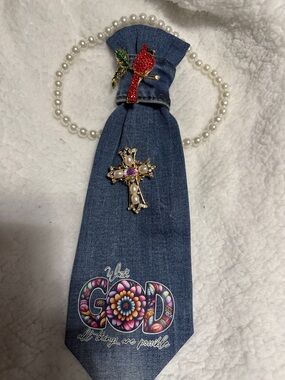 Denim Tie Necklace with Colorful 'GOD' Graphic and Decorative Brooches